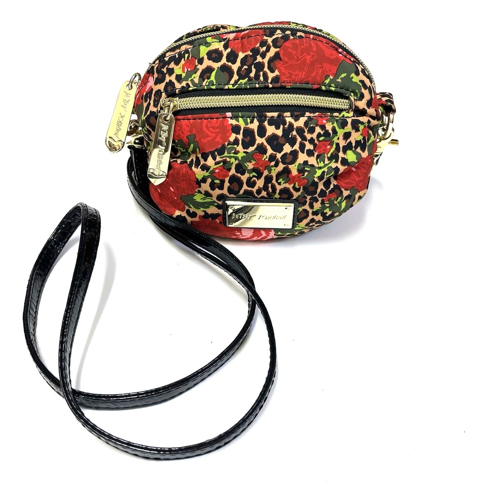 Betsey Johnson Leopard with Roses Round Crossbody Zip Close Black Patent‎ Strap